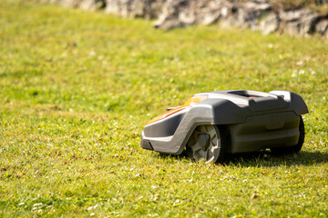 autonomiczna kosiarka jeżdząca po trawniku - obrazy, fototapety, plakaty