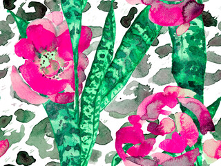 Watercolor Roses, Peony and Leaves Seamless Pattern.