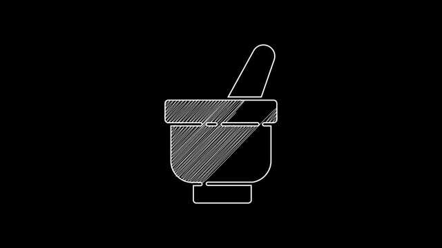 White line Magic mortar and pestle icon isolated on black background. 4K Video motion graphic animation