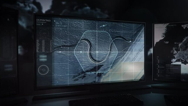 Spy Search Via Digital Tracking Panel In Innovation Software. Searching Process On High Tech Satellite Panel Innovation Program. Huge Snake Skeleton Search On Futuristic Panel Innovation.
