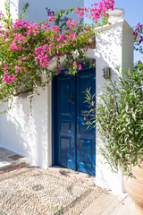 Facade of a typical Greek white building with a blue door and blooming bougainvillea