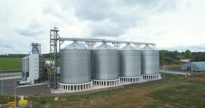 Harvesting and processing and storage elevator. Agro industry. Grain storage facility.