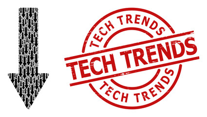 Red round seal has Tech Trends caption inside circle. Vector down arrow composition is created from randomized itself down arrow elements. Scratched Tech Trends badge,