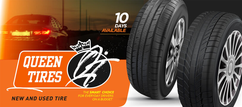 Car tires.Advertising banner for the sale. Black rubber tire. Realistic shining disk car set. Information. Store. Action. Landscape poster, flyer, booklet brochure and web design.