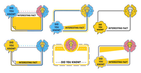 Did you know quote frame with bulb and thinking brain icon set. Interesting information, fun fact, quick tips. Helpful advice or idea box template. Important learning info, wisdom, knowledge. Vector - obrazy, fototapety, plakaty