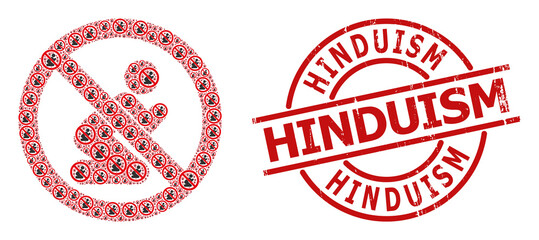 Red round stamp contains Hinduism caption inside circle. Vector forbid praying man mosaic is done from random itself forbid praying man pictograms. Textured Hinduism stamp,