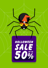 Happy halloween sale promotion banner and special discount template design decorative with spider