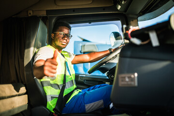 Young handsome African American man working in towing service and driving his truck.