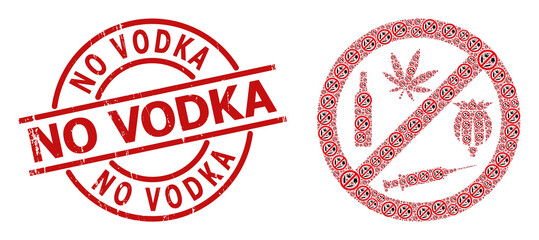 Red round stamp seal has No Vodka text inside circle. Vector forbid addiction drugs composition is done of repeating recursive forbid addiction drugs pictograms. Textured No Vodka seal,