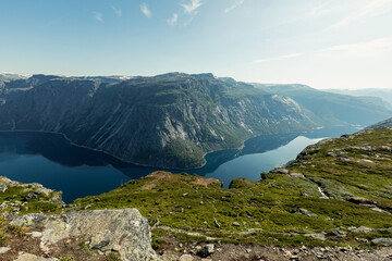 Fototapeta na wymiar Peacefull landscape of Ringedalsvatnet Lake, Vestland county, Norway