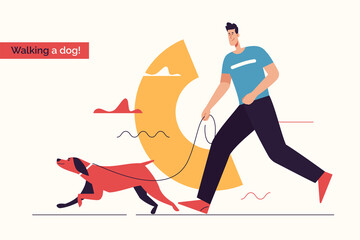 Vector illustration depicting a young smiling man running a dog on a leash. Editable stroke
