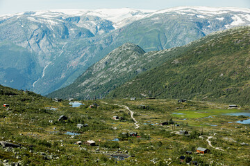 Fototapeta na wymiar Picturesque landscape of a village in the valley, Vestland county, Norway
