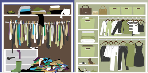 Wardrobe before and after remodeling and tidying up, EPS 8 vector illustration