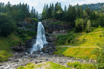 View of the waterfall on the hiking route to Trolltunga, Norway