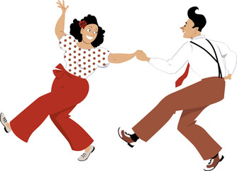 Fototapeta na wymiar Couple dressed in retro fashion dancing lindy hop or swing, EPS 8 vector illustration