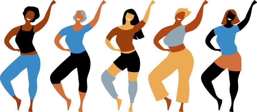 Diverse group of women participating in a dance  workout class,  EPS 8 vector illustration