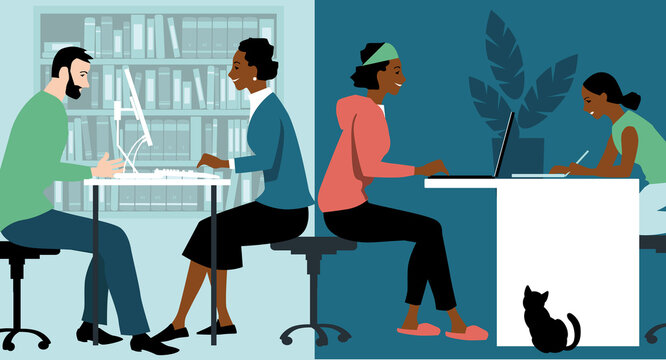 Woman in hybrid work place sharing her time between an office and working from home and helping her daughter study, EPS 8 vector illustration	
