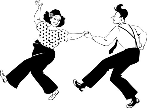 Couple dressed in retro fashion dancing lindy hop or swing, EPS 8 vector illustration, no white objects