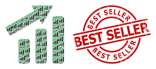 Red round stamp seal has Best Seller text inside circle. Vector up trend bar chart fractal is formed of scattered recursive up trend bar chart items. Grunge Best Seller watermark,