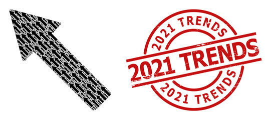 Red round seal includes 2021 Trends caption inside circle. Vector left up arrow composition is created from repeating fractal left up arrow pictograms. Distress 2021 Trends badge,