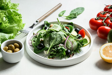 Plate with tasty healthy salad on table in kitchen