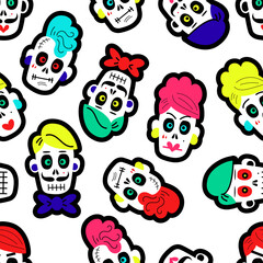Vector illustration of seamless pattern with various multicolored traditional Mexican calaveras or sugar skulls for Day of Dead celebration on white background