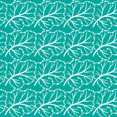 Floral seamless pattern. Leaves on turquoise background. Doodle hand drawn ornament of dots and lines for textile design