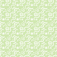 Abstract hand drawn doodle seamless pattern. Wavy diagonal lines, circles, dots, and flowers. For kids textile and stuff design