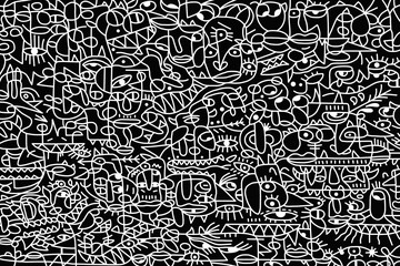 Black and white cartoon pattern on black background, abstract design	