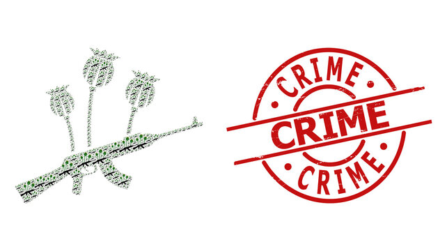Red round stamp has Crime text inside circle. Vector opium poppy crime mosaic is composed with randomized fractal opium poppy crime parts. Distress Crime stamp seal,