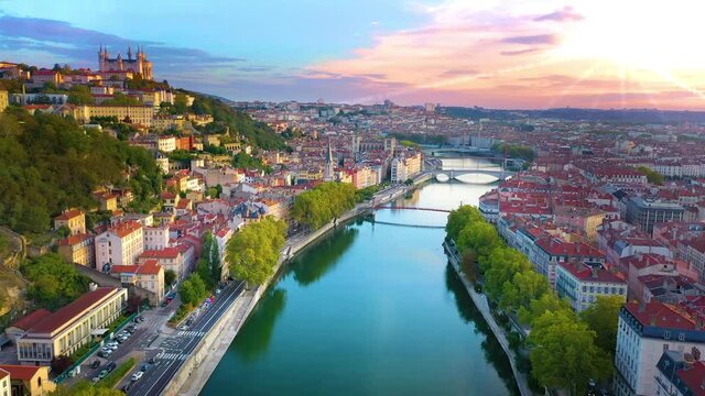 Lyon city france skyline aerial view drone footage of city lyon skyline panoramic view.