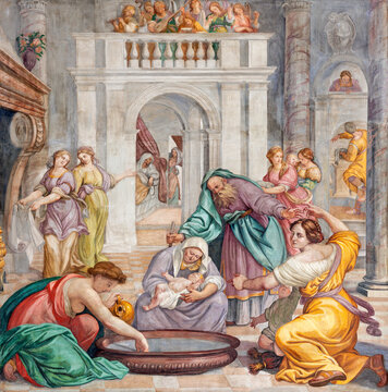 ROME, ITALY - SEPTEMBER 1, 2021: The fresco of Nativity of Virgin Mary in church Basilica di Santa Maria in Aracoeli by Umile da Foligno (1686 - 1691).
