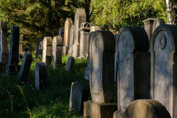 Old Jewish cemetery with graves and trees in the sunset