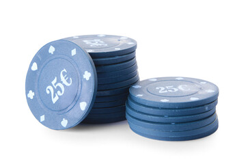 Stack of chips for poker on white background