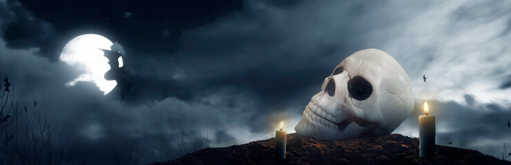 skull under full moon light on spooky Halloween night