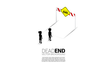 Silhouette boy and girl standing with dead end signage . Concept of no future for children.