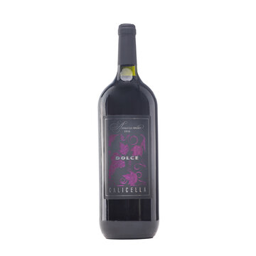 Bottle of Italian wine on white background. Full white wine bottle. Isolated on a white background. Wine bottle isolated with label Amore mio Dolce Calicella. Kiev, Ukraine December 6, 2019