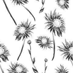 Black ink Chrysanthemum flowers isolated, stems and buds in monochrome halftones on white background. Hand drawn seamless pattern for created floral design, wallpaper, textile, fabric, poster.