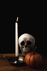 Halloween Still Life with Skull and Pumpkin