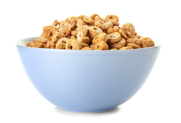 Bowl with delicious corn rings on white background