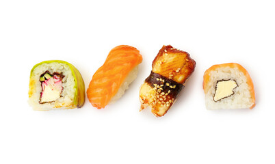 Tasty sushi and rolls on white background