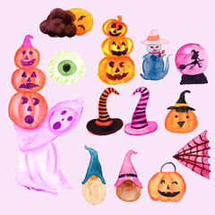 watercolor halloween character pumpkin collection