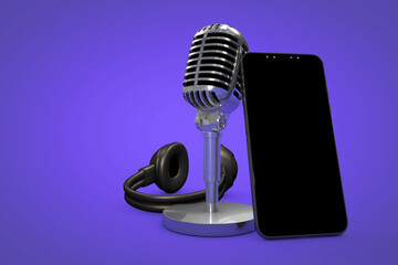 Professional microphone with color background, podcast or recording studio background, 3d illustration