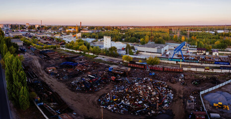 Metal recycling industry. Drone aerial view of scrap yard - obrazy, fototapety, plakaty