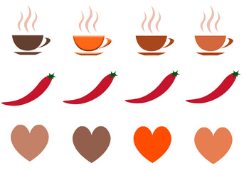 Isolated hot chili peppers cups of coffee and hearts on white illustration icon logo web design symbol drinks love art decorate