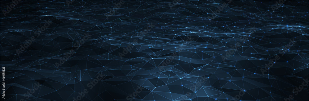 Poster abstract blue background. dark low poly triangle pattern. virtual computer landscape. technology sty