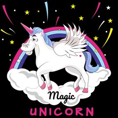 Unicorn with multi-colored hair. Rainbow and clouds. Comet. Stars. Magic animal. Horse. Pony. Flat style. Cartoon. Stock Vector illustration. Horse. Black background. Children's picture. Card. Cover.