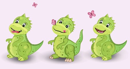 three cute green dinosaurs on a white background. Isolated. Children's Cartoon. Card. Pink butterflies sit on the nose. Insect. Predator. Stock Vector illustration. Dragon. Fun. Childish.Drawing.