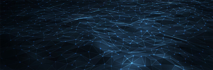 Abstract Blue Background. Dark low poly triangle pattern. Virtual computer Landscape. Technology style. Sci-fi surface. Banner or presentation template. Vector illustration