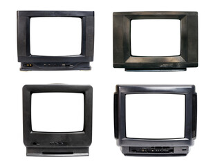 Set of black old TVs with white screen isolated on white background.  Four analog televisions with cut out screens